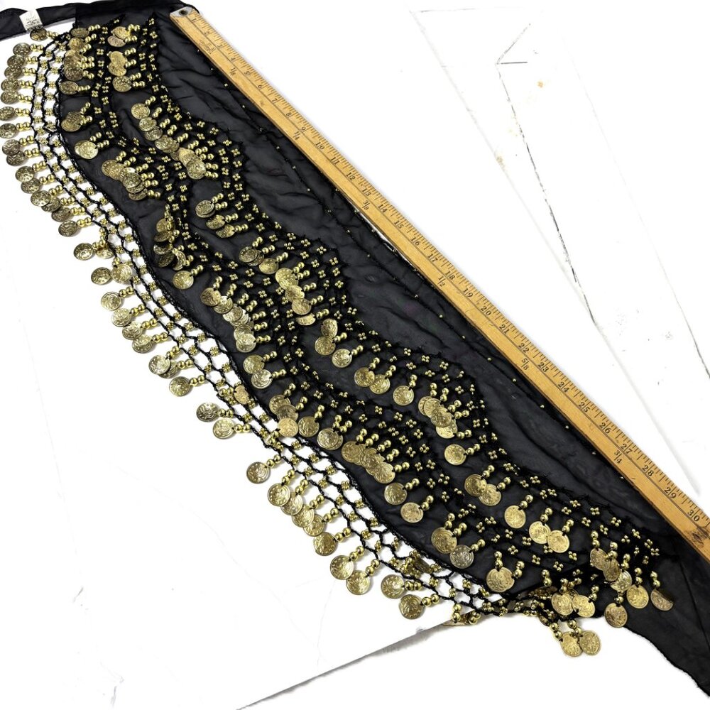 Black Belly Dance Hip Scarf with Three rows of Gold Coins - Picture 5 of 10